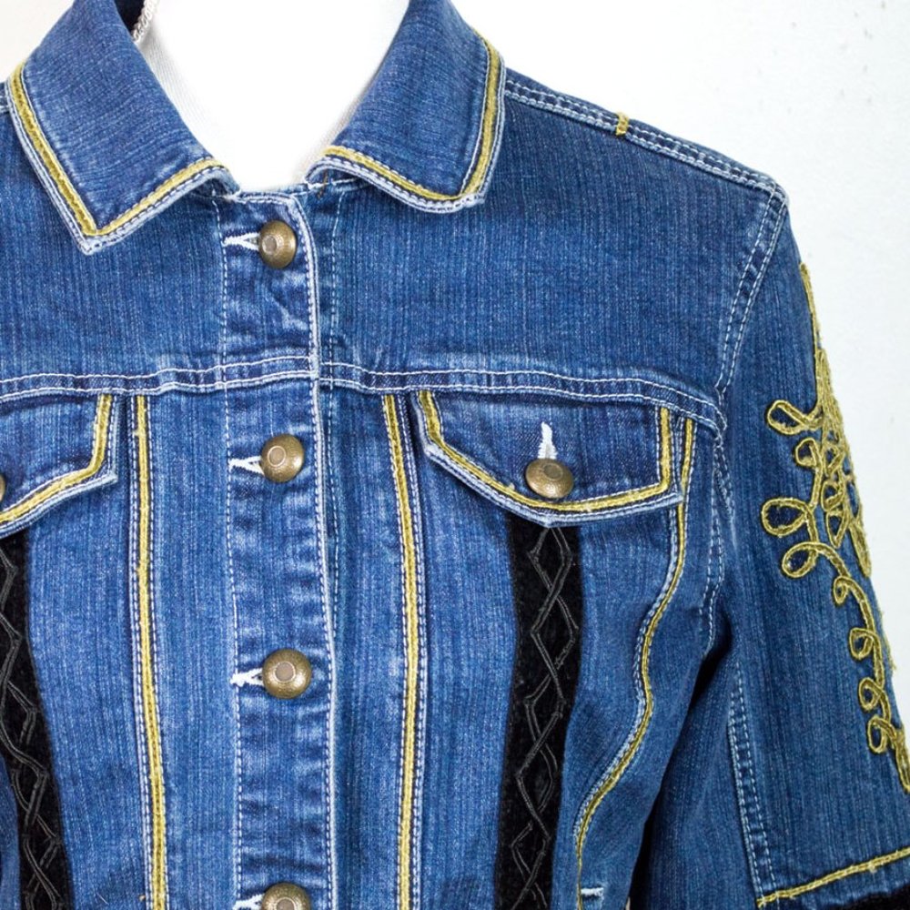 LIVE A LITTLE Blue Embroidery Embellished Long Sleeve Jean Jacket M - Picture 3 of 13
